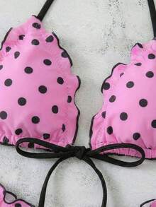 Conjunto de bikini de dos piezas con estampado de lunares, camiseta con lazo sexy y traje de baño para vacaciones en la playa para mujer - Rosa 3 - Ver 6