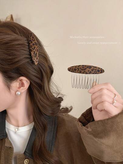 1/2pcs Korean Stylish Leopard Print Hair Comb, Women Hair Styling Tool, Bangs Clip, Hairpin, Hair Accessory