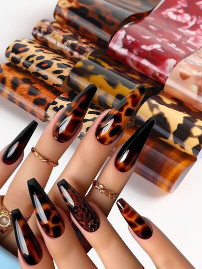 10 piezas Pegatinas de transferencia de arte de uñas con estampado de leopardo y totem, Patrón de mármol con estampado de leopardo, Cielo estrellado, Papel holográfico, Envoltorios de manicura DIY para transferencia de láminas