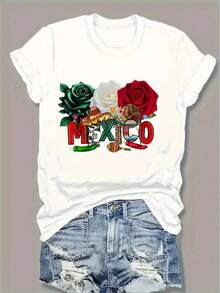 Camiseta de Mujer con Estampado Cultural Mexicano - Con Vibrantes Estampados de Chiles y Rosas, Atrevidas Letras Mexicanas, Corte Holgado, Manga Corta, Cuello Redondo, Estilo Casual, Perfecta para Primavera y Verano, Lavable a Máquina, Diseño Cultural de Estilo Vacacional - Blanco - Ver 2