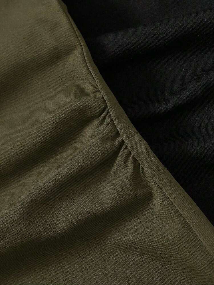 Set de 2 vestidos mini de manga corta y cuello redondo, de punto de unicolor casual, para mujeres - Verde militar - Añade 8