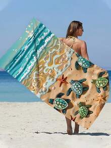1pc Ocean Series Beach Towel, Decorated With Sea Turtle, Pearl And Shell Patterns - Extra Large Size, Super Soft Quick-Dry, Waterproof And Sand-Proof. Perfect Essential For Pool Side Relaxation, Beach Vacation, Yoga Practice And Outdoor Adventure. - Multicolor - View 6