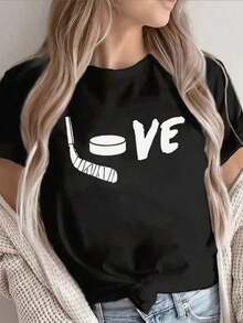 Loose, Lightweight, And Durable Short-Sleeved T-Shirt With A White Hockey Love Design, Perfect For Casual Outings At Home, Cafes, Or Outdoors. Cotton Women's T-Shirt, Breathable And Sweat-Absorbent Summer Short Sleeve - 黑色 - 查看 1