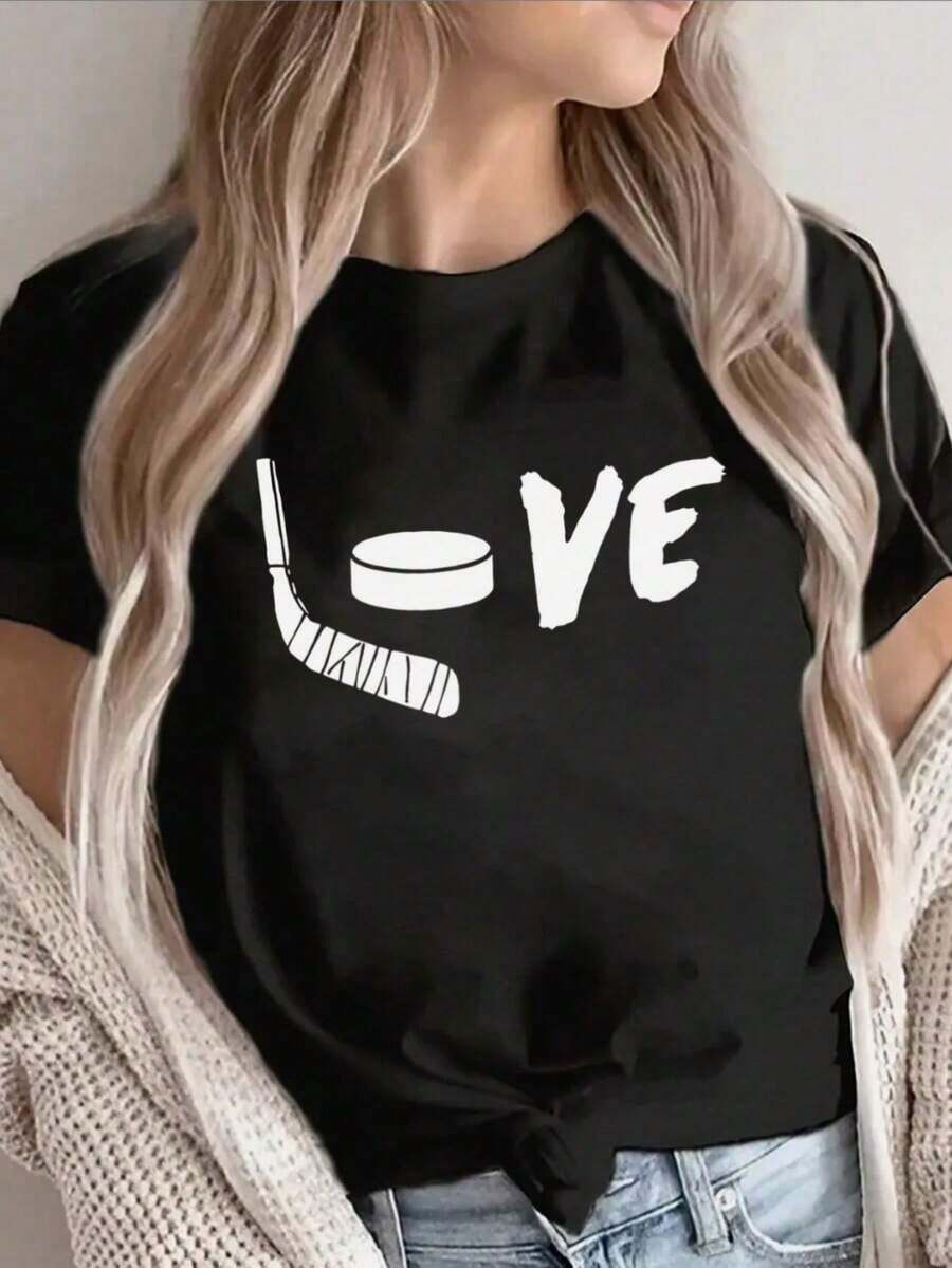 Loose, Lightweight, And Durable Short-Sleeved T-Shirt With A White Hockey Love Design, Perfect For Casual Outings At Home, Cafes, Or Outdoors. Cotton Women's T-Shirt, Breathable And Sweat-Absorbent Summer Short Sleeve - 黑色 - 查看 1