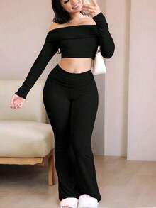 2 piezas Conjunto de mujer: Top corto con hombros descubiertos y manga larga & Pantalones acampanados, unicolor - Negro - Ver 4