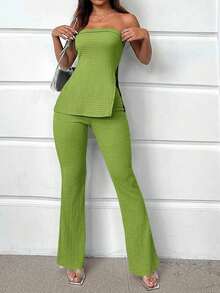 Conjunto de top de camisola corto y pantalones acampanados de tela texturizada de unicolor casual de vacaciones para mujer, verano - Verde - Ver 3