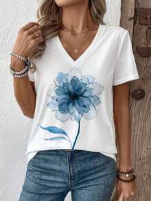 Short-Sleeved Top With Round Neck And Textured Floral Leopard Print, Summer T-Shirt For Women - 布蘭克 3 - 查看 1