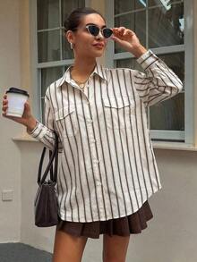 Camisa casual y holgada con rayas de efecto de dos piezas para mujer - Caqui - Ver 4