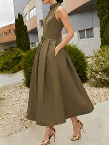 Elegant Women's Dress With A Tie Waist And A-Line Silhouette, New Spring/Summer And Fall/Summer Styles, Sleeveless With A V-Neck, Suitable For The Office Or Everyday Wear In Black. - 柿子2 - 查看 4