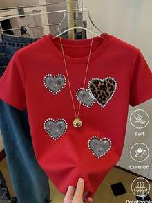 Respirable Playera Blanca de Mujer con Gráfico de 4 Corazones Rojos de Brillo y Borde Plateado, Camiseta de Estilo Aesthetic Brillante Manga Corta, Top Romántico y Femenino, Blusa Casual de Moda, ropa de calor mujer - Rojo 2 - Ver 6