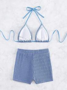2 piezas Conjunto de bikini de unicolor con textura, tipo halter, adecuado para vacaciones de verano en la playa - Azul - Ver 8