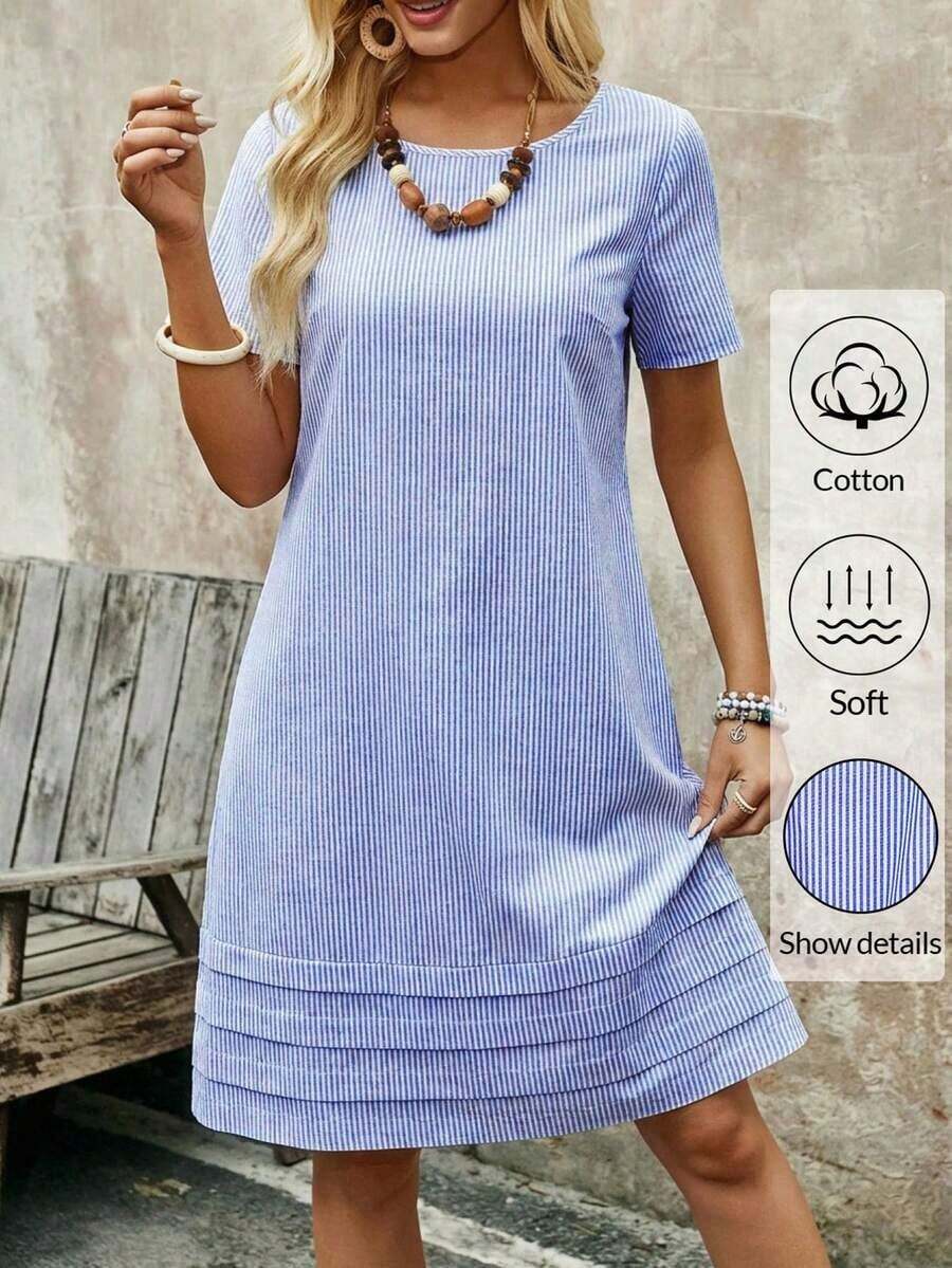 Vestido casual recto de unicolor, cuello redondo, manga corta para mujer, de verano - Azul marino - Ver 1