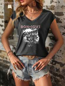 Women's Vintage Bon Jovi Rock Band Graphic Tee, Festival Outfits For Women, Rock Concert Outfit, 90s Grunge Oversized T Shirt - 深灰色 - 查看 2