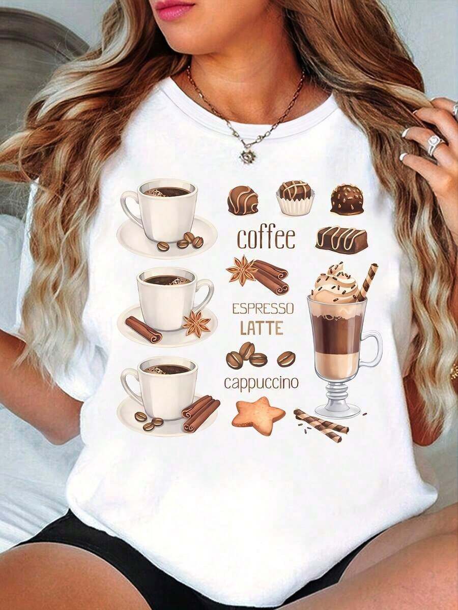[Camiseta de Café] Camiseta para Amantes del Café, Camiseta con Estampado de Café, Chocolate y Helado para Trabajadores del Café - Atuendo para el Día de San Patricio - Ropa de Verano para Mujer - Blusas de Verano - Ropa de Vacaciones para Mujer - Camiseta Vintage de Estilo Urbano Unisex de Algodón Suelto de Manga Corta con Cuello Redondo - Blusas para mujer. blusas.blusas casuales para dama. - Blanco - Ver 1