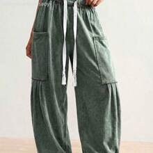 BohoFeels Plus Size Drawstring Waist Loose Pocket Wide Leg Pants - Verde militar - Ver 1