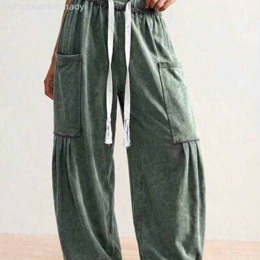 BohoFeels Plus Size Drawstring Waist Loose Pocket Wide Leg Pants - Verde militar - Ver 1
