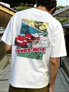 Men's Disney Cars Manga Style Tee, Lightning McQueen Print, Casual Fit, Cool Streetwear. - trắng - Xem 1