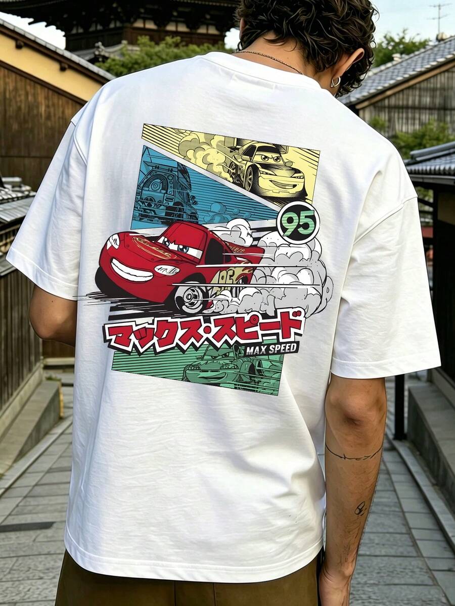 Men's Disney Cars Manga Style Tee, Lightning McQueen Print, Casual Fit, Cool Streetwear. - trắng - Xem 1
