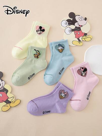 Disney 5雙迪士尼系列米奇米妮愛心圖案趣味卡通兒童中筒襪