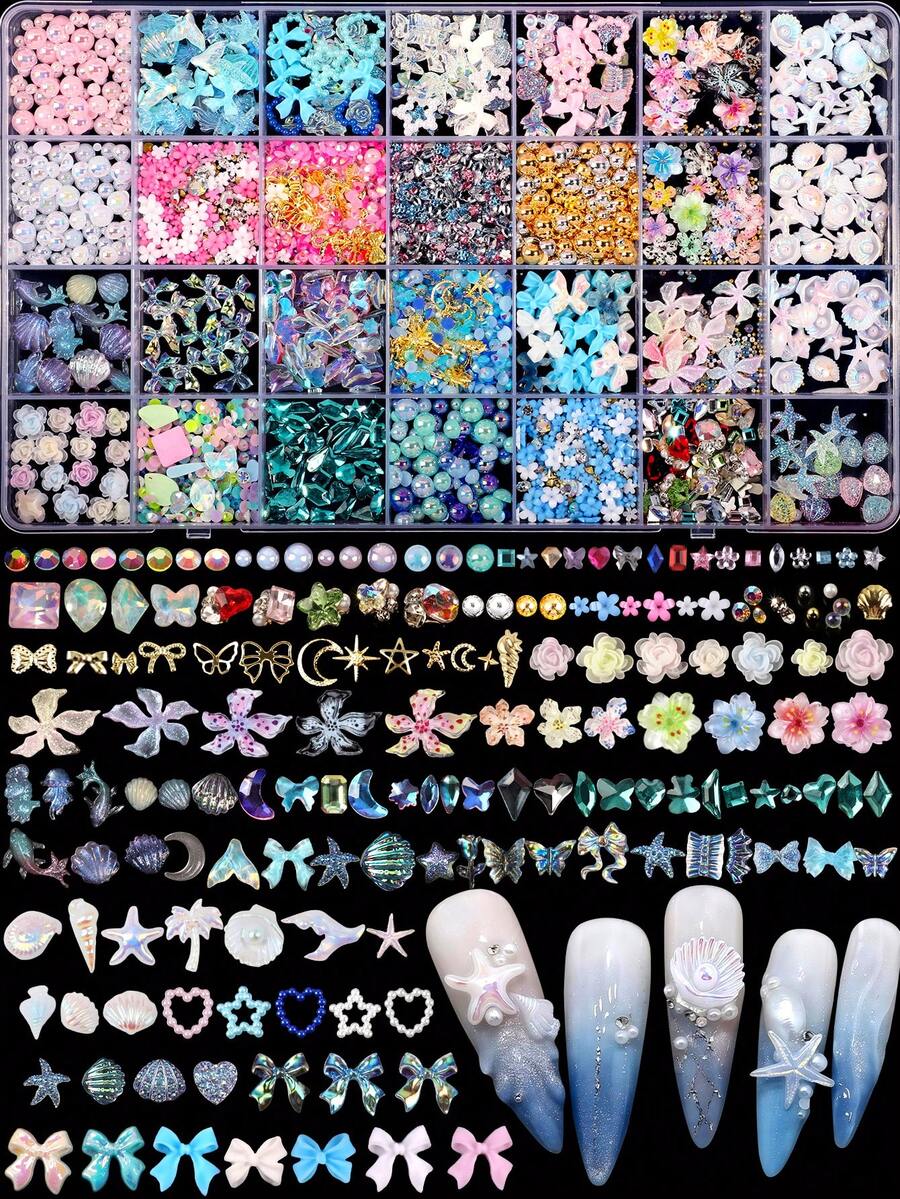 8000件 3D樹脂海洋風美甲裝飾套組,混色海洋生物海星貝殼美甲鑽,珍珠軟夏威夷花朵,夏季海灘主題美甲裝飾,適合女性壓克力美甲DIY美甲配件美甲飾品 - 彩色 - 查看 1