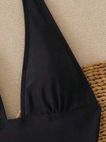Traje de baño de dos piezas con estampado de lunares, escote asimétrico y espalda descubierta, atuendo de vacaciones en la playa para el verano - Color negro sólido - Ver 5