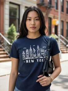 Women's T-Shirts With New York And Paris Print, Classic Short Sleeve Cut, Soft And Lightweight Fabric, Casual Urban Style, Comfortable And Versatile For Daily Looks And Modern Outfits. - 藍色 - 查看 5