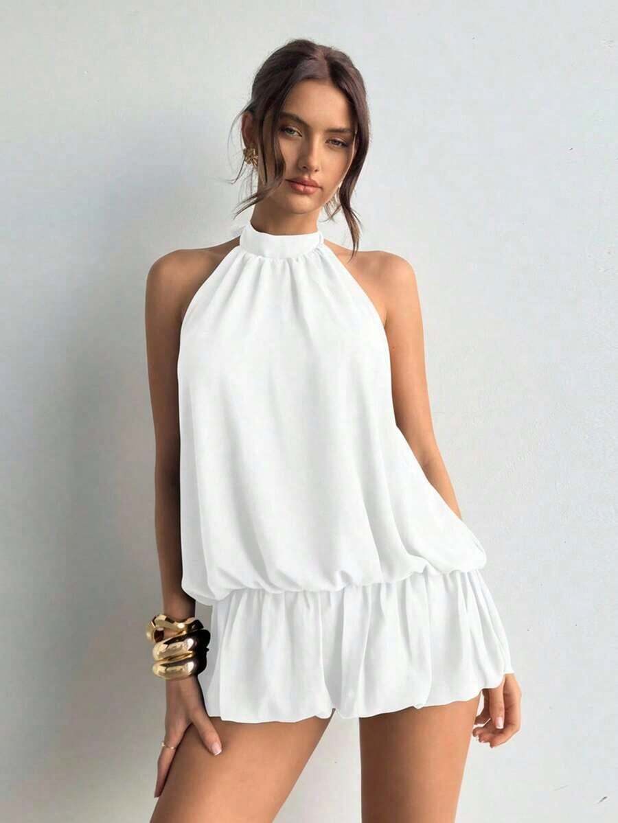 casual de verano para mujer con cuello halter, unicolor y volantes en el bajo - Blanco - Ver 1