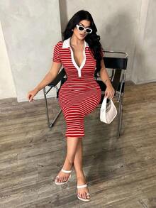 Vestido polo de manga corta a rayas blanco y negro de estilo minimalista y casual para ir al trabajo, vestido de punto de media longitud con ajuste ceñido y gran elasticidad, vestido elegante francés - Rojo - Ver 6