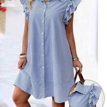 Plus Size Fashion Spring/Summer Casual Striped Front Button Cap Sleeve Dress - Azul - Ver 1