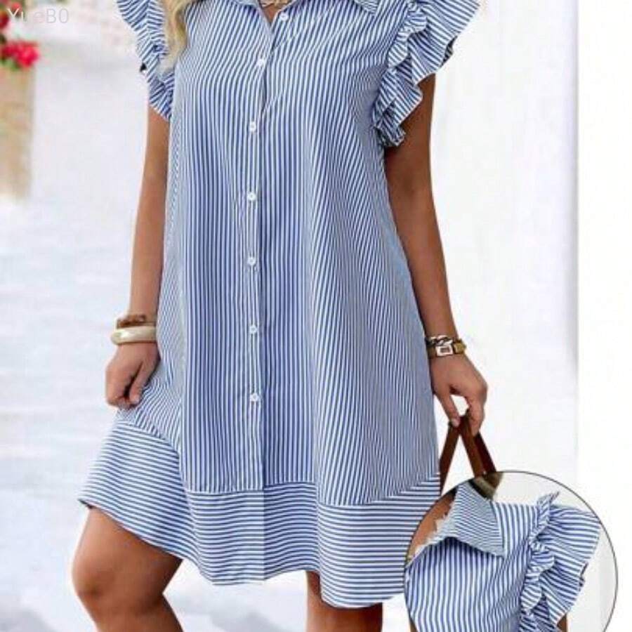 Plus Size Fashion Spring/Summer Casual Striped Front Button Cap Sleeve Dress - Azul - Ver 1