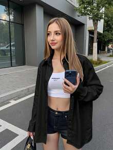 Blusa holgada de manga larga y unicolor versátil para uso casual de mujer - Negro - Ver 4
