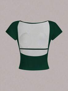 Camiseta corta con escote en la espalda, acolchada y ceñida, ideal para el verano - Verde Oscuro - Ver 8
