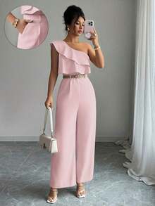 Mono de mujer con diseño casual apropiado para vacaciones de primavera/verano, adecuado para la oficina, el transporte, la playa y la hora del té de la tarde, con tirantes de espagueti, cintura con doble volante y silueta recta y suelta - Rosa - Ver 9
