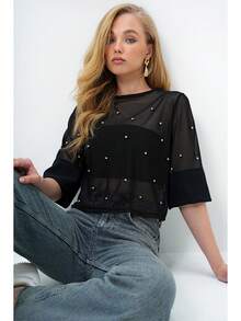 Women's Beaded Mesh Round Neck Short Sleeve Top - Black - View 3