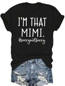 Camisetas de manga corta para mujer, cuello redondo, 100% algodón, camiseta con estampado "I'm That Mimi", camiseta de manga corta para mujer. |       Moda casual, sensación de elegancia, tela suave y cómoda, esencial para primavera/verano, material transpirable, estampado encantador. - Negro - Ver 1