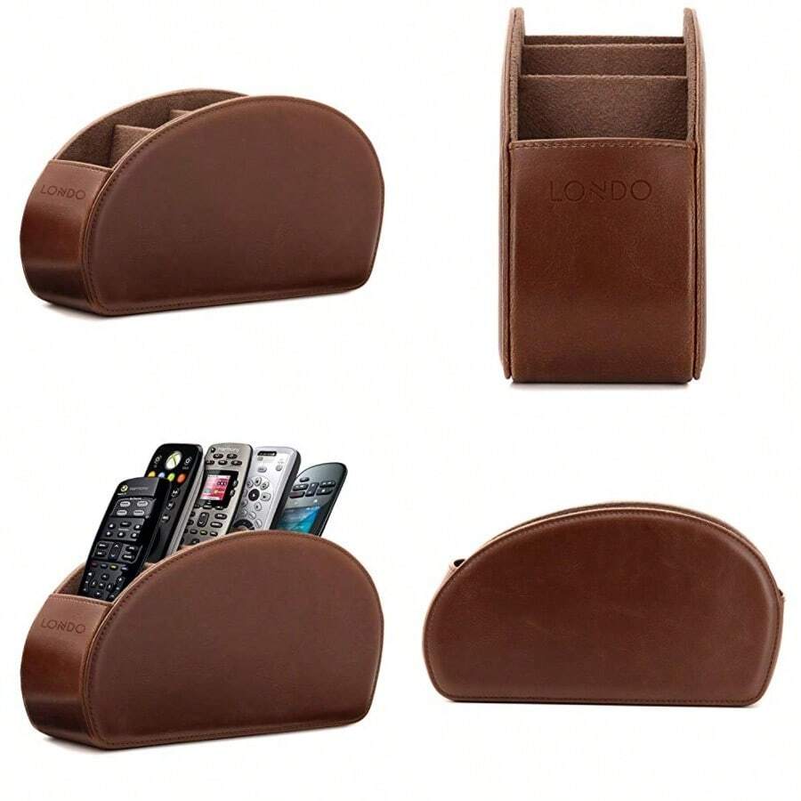 Londo Soporte para Mando a Distancia con 5 Bolsillos para Guardar DVD, BLU-Ray, TV, o Apple TV, Piel sintética con Forro de Gamuza, Almacenamiento Delgado y Compacto para Estar o recámara - Marrn oscuro - Ver 1