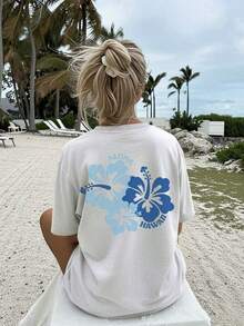 3 piezas, Nueva Colección de Verano 2026, [Estampado de Doble Cara] Camiseta Casual de Verano para Mujer, Estilo Fresco, Estampado de Flor de Hibisco ALOHA HAWAII, Manga Corta, Cuello Redondo, Hombros Caídos, Talla [LangK]% Algodón, Tallas S–7XL | Moda Urbana Local de Primavera/Verano | | Uso Casual Diario Primavera Verano Moderno Moldeador | Conjunto de verano para mujer, ropa de vacaciones | Blusas elegantes para mujer, ropa de primavera, blusas de verano. - Blanco - Ver 4