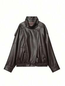 Chaqueta de cuero de textura de lichí versátil y minimalista de estilo europeo y americano para mujer, de alta gama, para el otoño/invierno - Marrón - Ver 6
