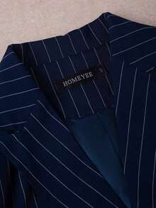 Conjunto de traje a rayas, chaqueta de traje casual de doble botonadura y pantalones de corte slim, estilo versátil adecuado para diversas ocasiones, negocios y vacaciones en primavera blanca - Azul marino - Ver 3