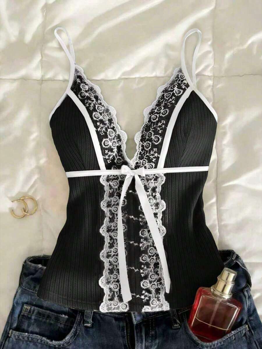 Camiseta sin mangas de uso diario versátil y casual con parches de encaje y decoración de lazo para mujer - Negro - Ver 1