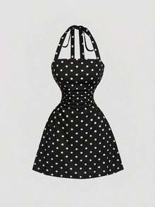 MOD Vestido mini de mujer con escote halter y estampado de lunares - Negro - Ver 1