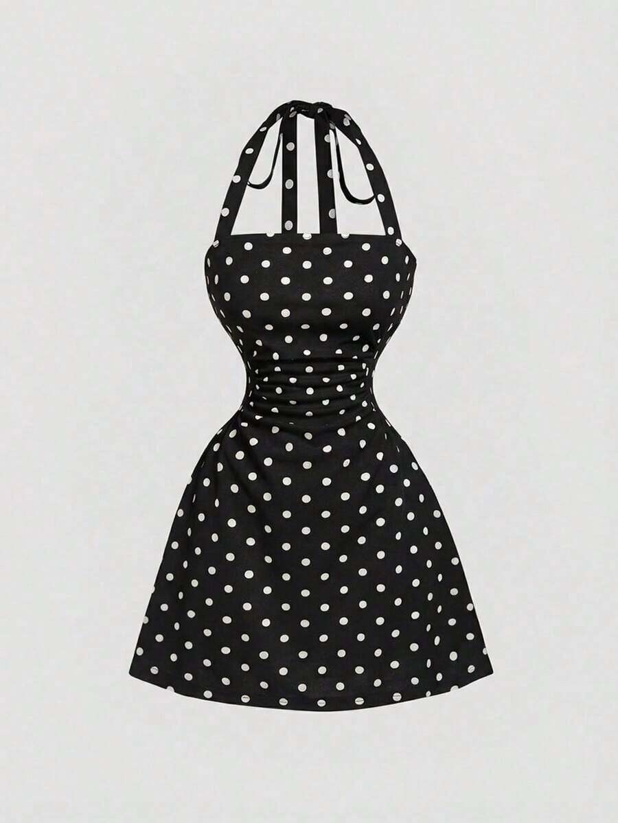 MOD Vestido mini de mujer con escote halter y estampado de lunares - Negro - Ver 1
