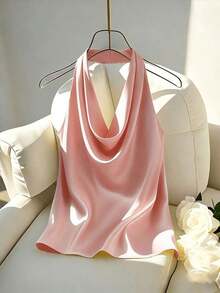 Nueva llegada Primavera/Verano Camiseta ajustada con cuello halter y espalda descubierta para mujer - Rosa Pálido - Ver 1