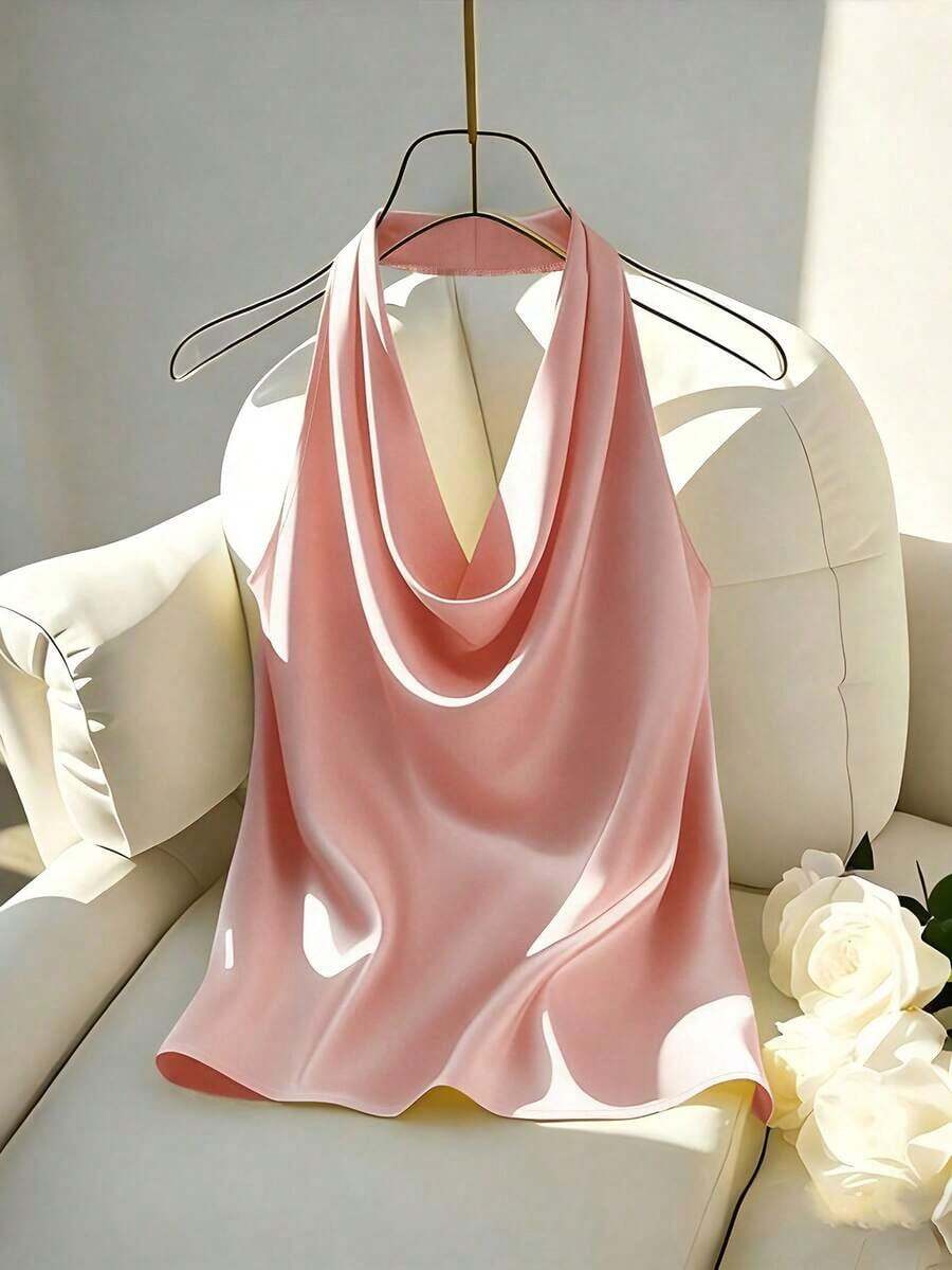 Nueva llegada Primavera/Verano Camiseta ajustada con cuello halter y espalda descubierta para mujer - Rosa Pálido - Ver 1