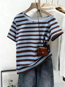 Camiseta casual de mujer con cuello redondo, manga corta, a rayas y plisada - Blanco - Ver 5
