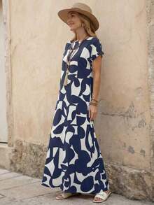 Vestido casual de mujer con estampado todo sobre, adecuado para vacaciones - Azul - Ver 3