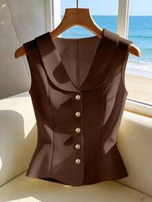 Blusa sin mangas amarilla elegante, top de verano elegante y estilizador para mujeres - Café integral - Ver 1