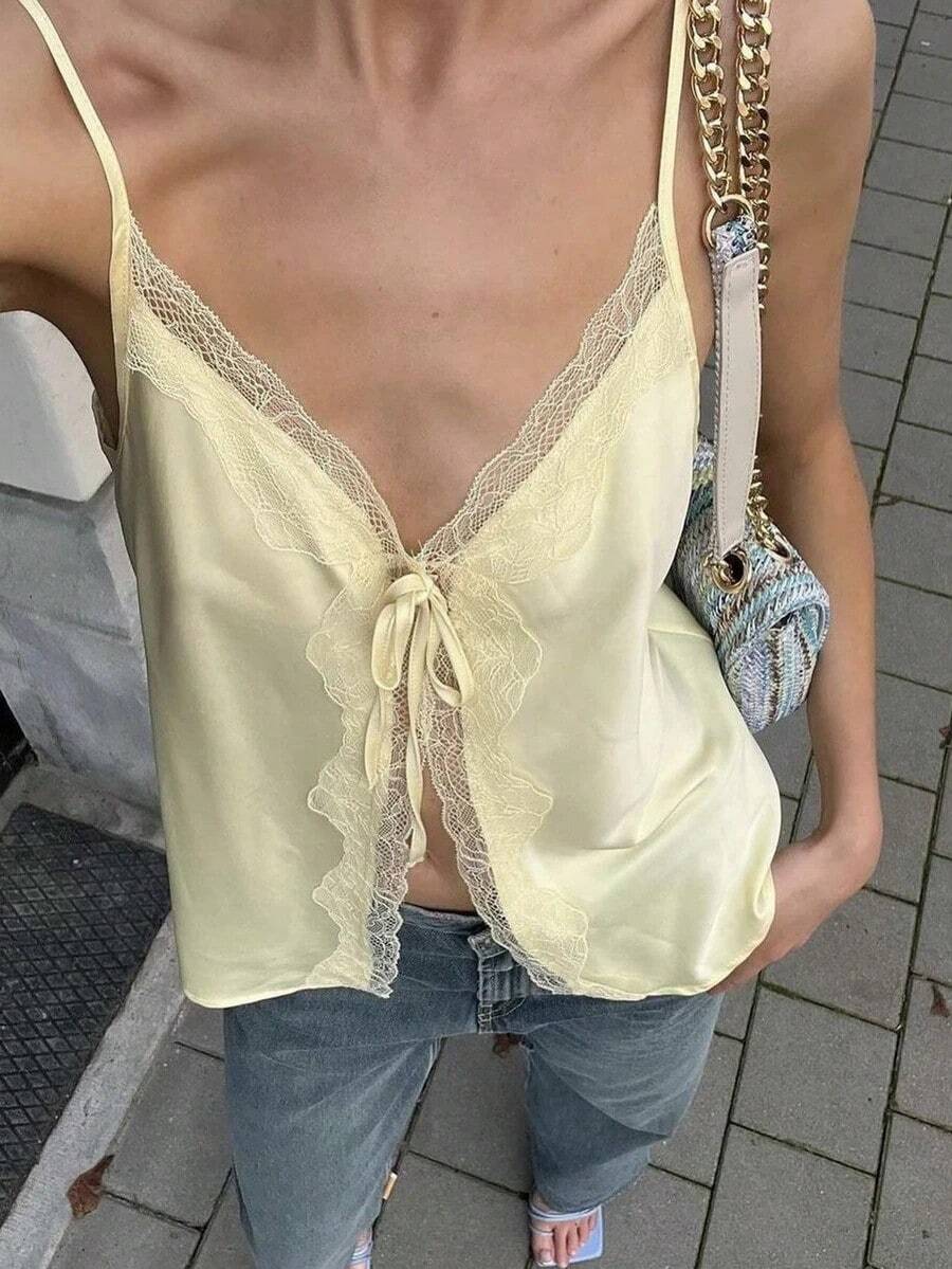 Camiseta de tirantes con diseño de cordones y patchwork de unicolor, elegante y casual, adecuada para la playa y vacaciones, primavera/verano - Amarillo - Ver 1
