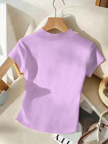 Camiseta de mujer de punto con cuello en V profundo, manga corta, cintura ceñida, abertura frontal con botones metálicos, elegante, romántica, casual, para uso diario, trabajo, cena, primavera/verano - Morado - Ver 2