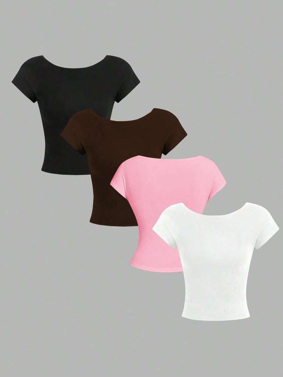 4 piezas Camisetas de mujer de cuello redondo, ajustadas, con espalda descubierta y diseño minimalista de patrones, adecuadas para el verano - Multicolor 6 - Ver 1